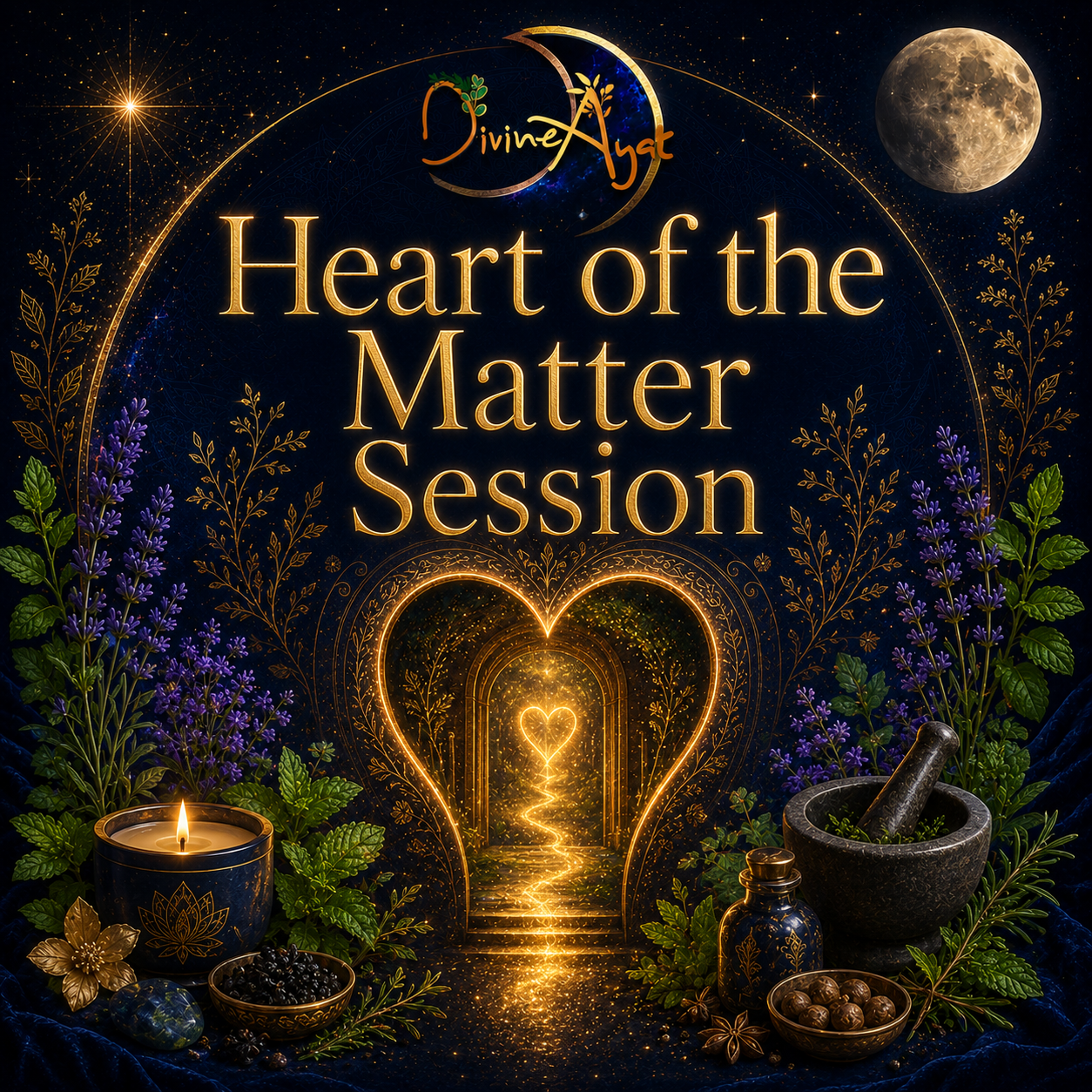 Heart of the Matter Session artwork with luminous archway and herbs